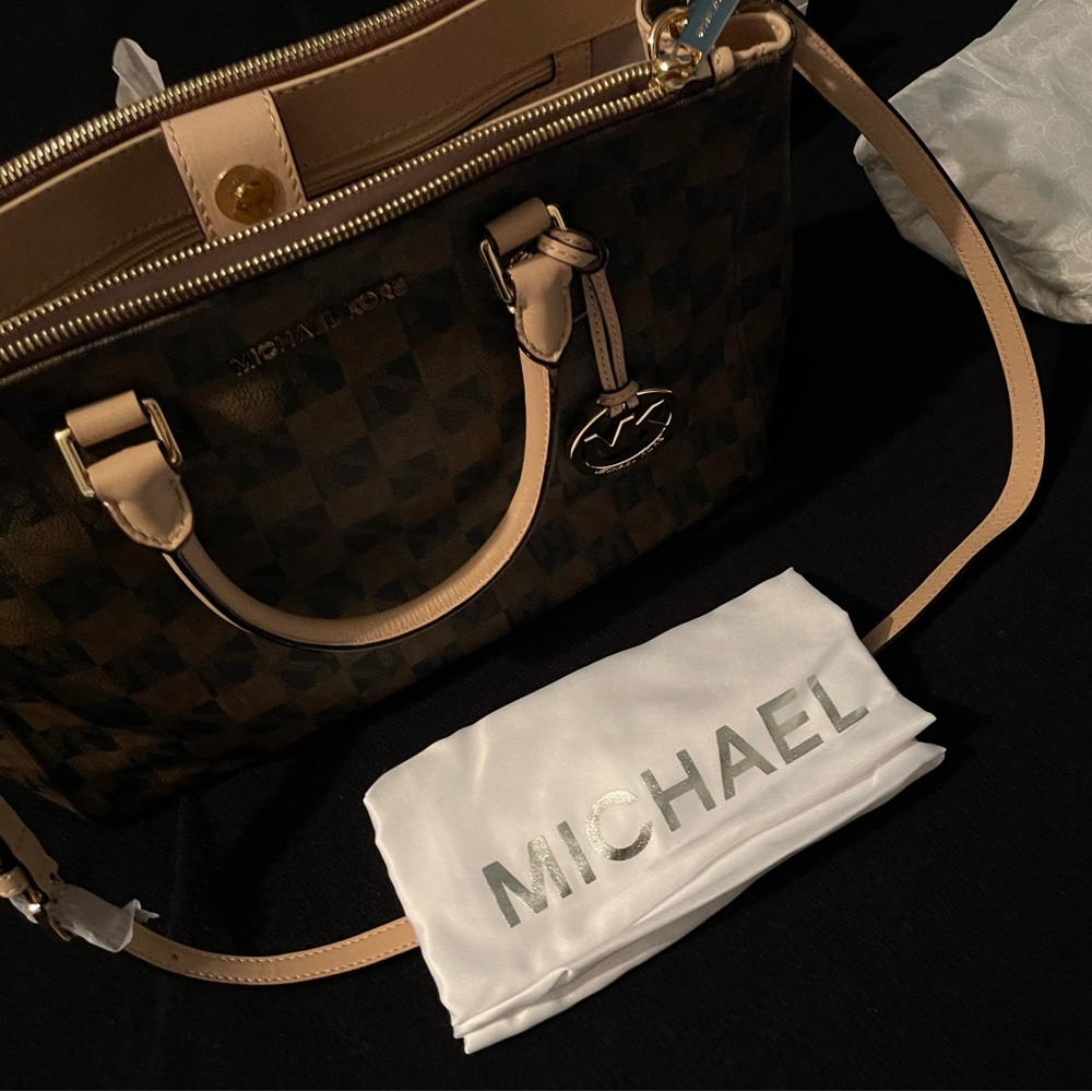 Michael Kors Large Signature Checkerboard Sutton Satchel Handbag NWT